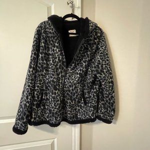 Faded Glory Jacket Full Zip Cheetah Print Fleece Lined Hooded Black Gray 2X